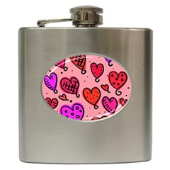 Valentine Wallpaper Whimsical Cartoon Pink Love Heart Wallpaper Design Hip Flask (6 Oz) by Nexatart