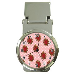 Pink Polka Dot Background With Red Roses Money Clip Watches by Nexatart