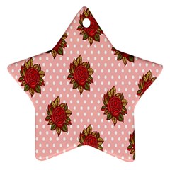 Pink Polka Dot Background With Red Roses Star Ornament (two Sides) by Nexatart