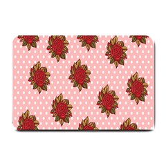 Pink Polka Dot Background With Red Roses Small Doormat  by Nexatart