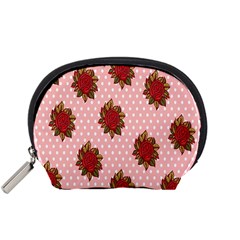 Pink Polka Dot Background With Red Roses Accessory Pouches (small)  by Nexatart