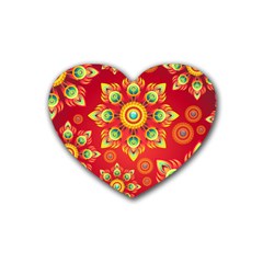 Red And Orange Floral Geometric Pattern Rubber Coaster (heart)  by LovelyDesigns4U