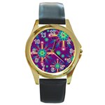 Purple and Green Floral Geometric Pattern Round Gold Metal Watch