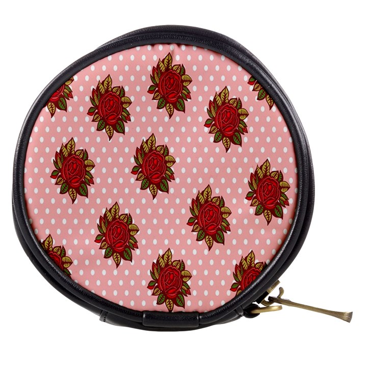 Pink Polka Dot Background With Red Roses Mini Makeup Bags