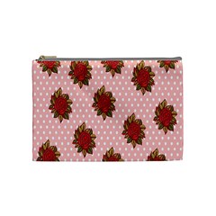 Pink Polka Dot Background With Red Roses Cosmetic Bag (medium)  by Nexatart