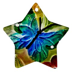 Blue Spotted Butterfly Art In Glass With White Spots Star Ornament (two Sides)