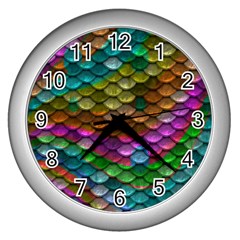 Fish Scales Pattern Background In Rainbow Colors Wallpaper Wall Clocks (silver) 