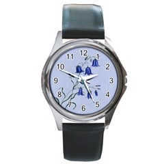 Floral Blue Bluebell Flowers Watercolor Painting Round Metal Watch by Nexatart