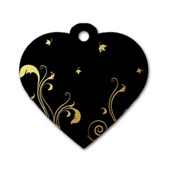 Golden Flowers And Leaves On A Black Background Dog Tag Heart (one Side)