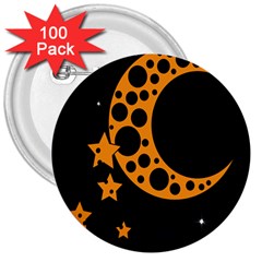 Moon Star Space Orange Black Light Night Circle Polka 3  Buttons (100 Pack)  by Mariart