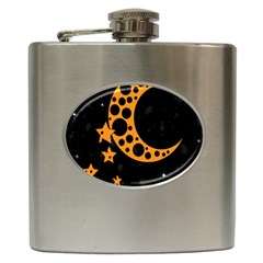 Moon Star Space Orange Black Light Night Circle Polka Hip Flask (6 Oz) by Mariart