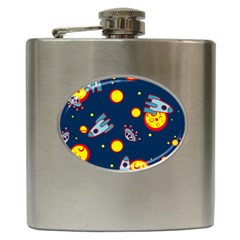 Rocket Ufo Moon Star Space Planet Blue Circle Hip Flask (6 Oz) by Mariart