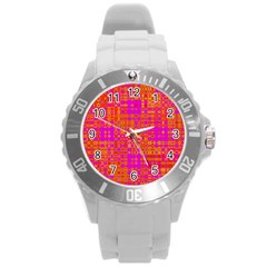 Pink Orange Bright Abstract Round Plastic Sport Watch (l)