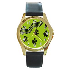 Green Prints Next To Track Round Gold Metal Watch by Nexatart