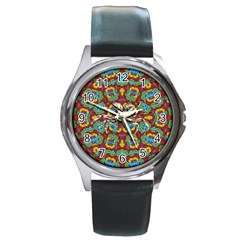 Geometric Multicolored Print Round Metal Watch by dflcprints