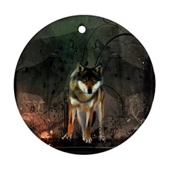 Awesome Wolf In The Night Round Ornament (two Sides) by FantasyWorld7