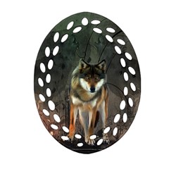 Awesome Wolf In The Night Ornament (oval Filigree) by FantasyWorld7