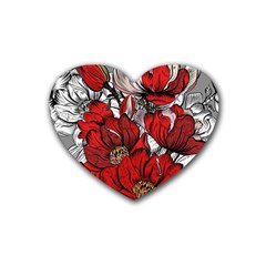 Red Flowers Pattern Rubber Coaster (heart)  by TastefulDesigns