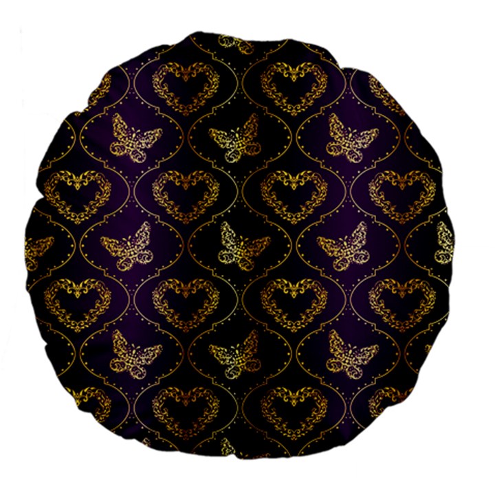 Flower Butterfly Gold Purple Heart Love Large 18  Premium Flano Round Cushions