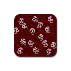 Funny Skull Rosebed Rubber Coaster (square)  by designworld65