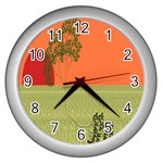 Sunset Orange Green Tree Sun Red Polka Wall Clocks (Silver) 