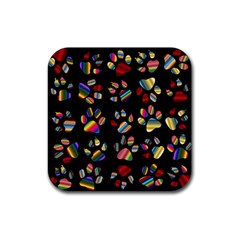 Colorful Paw Prints Pattern Background Reinvigorated Rubber Square Coaster (4 Pack)  by Nexatart