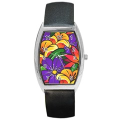 Bright Flowers Floral Sunflower Purple Orange Greeb Red Star Barrel Style Metal Watch