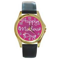 Valentine Happy Mothers Day Pink Heart Love Round Gold Metal Watch by Mariart