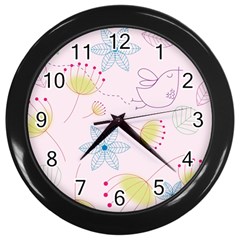 Pretty Summer Garden Floral Bird Pink Seamless Pattern Wall Clocks (black)