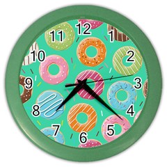 Doughnut Bread Donuts Green Color Wall Clocks by Mariart