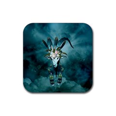 The Billy Goat  Skull With Feathers And Flowers Rubber Coaster (square)  by FantasyWorld7