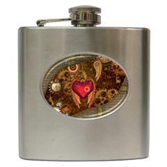 Steampunk Golden Design, Heart With Wings, Clocks And Gears Hip Flask (6 Oz) by FantasyWorld7