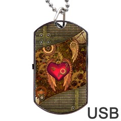 Steampunk Golden Design, Heart With Wings, Clocks And Gears Dog Tag Usb Flash (one Side) by FantasyWorld7