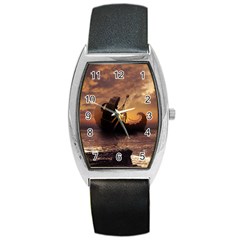Steampunk Fractalscape, A Ship For All Destinations Barrel Style Metal Watch by jayaprime