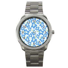 Hibiscus Flowers Seamless Blue Sport Metal Watch by Mariart