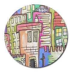 A Village Drawn In A Doodle Style Round Mousepads by BangZart