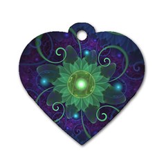 Glowing Blue-green Fractal Lotus Lily Pad Pond Dog Tag Heart (one Side) by jayaprime