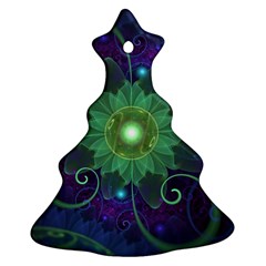 Glowing Blue-green Fractal Lotus Lily Pad Pond Christmas Tree Ornament (two Sides) by jayaprime