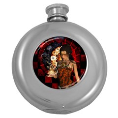 Steampunk, Beautiful Steampunk Lady With Clocks And Gears Round Hip Flask (5 Oz) by FantasyWorld7