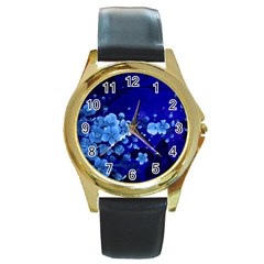 Floral Design, Cherry Blossom Blue Colors Round Gold Metal Watch by FantasyWorld7