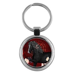 Awesmoe Black Horse With Flowers On Red Background Key Chains (round)  by FantasyWorld7