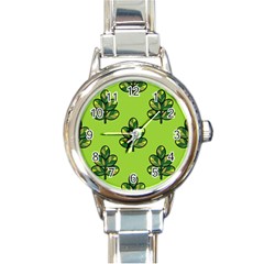 Seamless Background Green Leaves Black Outline Round Italian Charm Watch by Mariart