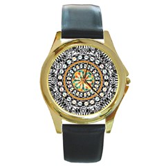 High Contrast Mandala Round Gold Metal Watch by linceazul