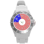 Stars Stripes Circle Red Blue Round Plastic Sport Watch (L)