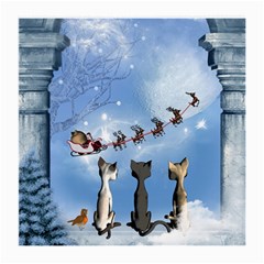 Christmas, Cute Cats Looking In The Sky To Santa Claus Medium Glasses Cloth (2-side) by FantasyWorld7