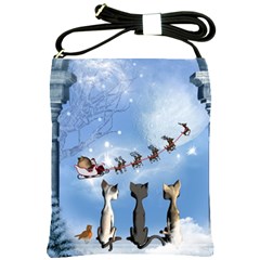 Christmas, Cute Cats Looking In The Sky To Santa Claus Shoulder Sling Bags by FantasyWorld7