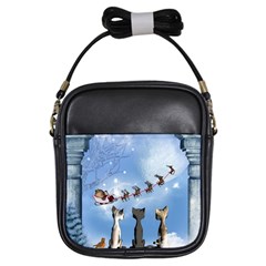 Christmas, Cute Cats Looking In The Sky To Santa Claus Girls Sling Bags by FantasyWorld7