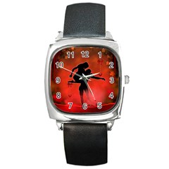 Dancing Couple On Red Background With Flowers And Hearts Square Metal Watch by FantasyWorld7