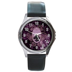 Soft Violett Floral Design Round Metal Watch by FantasyWorld7