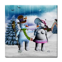 Funny, Cute Snowman And Snow Women In A Winter Landscape Tile Coasters by FantasyWorld7